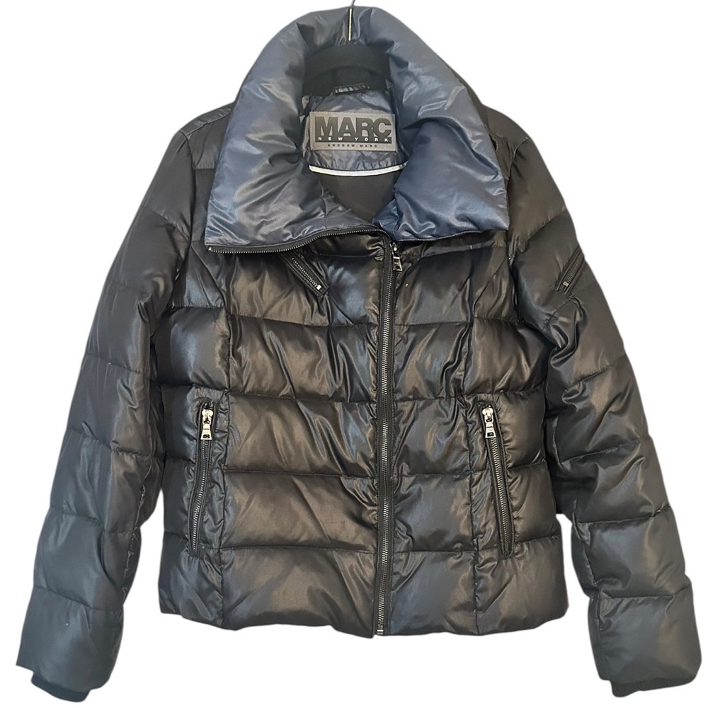 Andrew Marc Women's Black Down-Filled Asymmetrical Quilted Puffer Jacket, Small